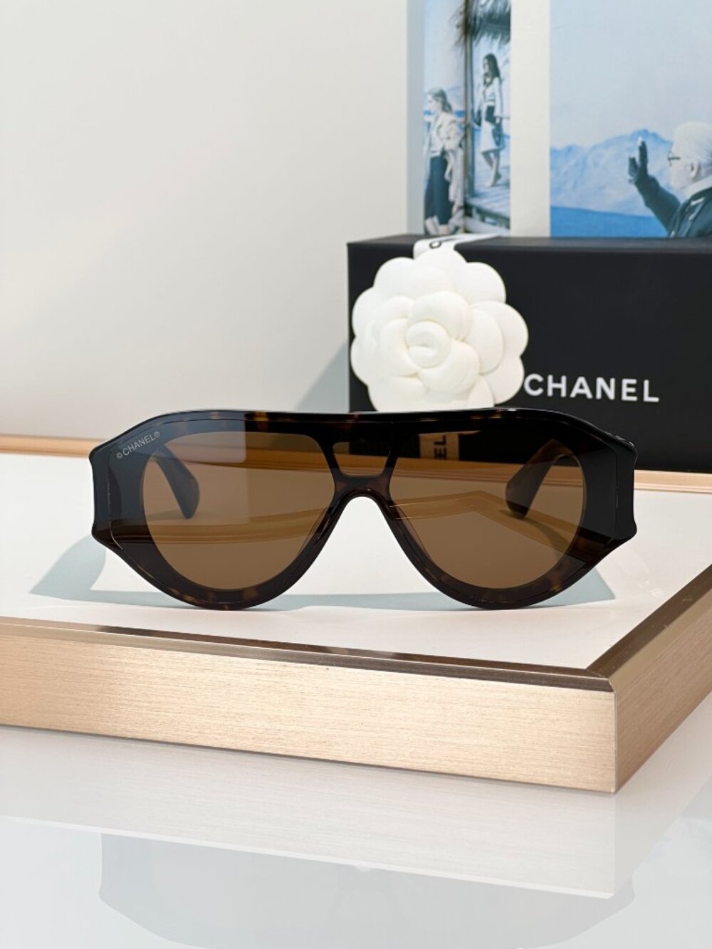 NWT CHANEL Tortoise Shell Shield Aviator Sunglasses Gold CC Logo - Picture 2 of 10